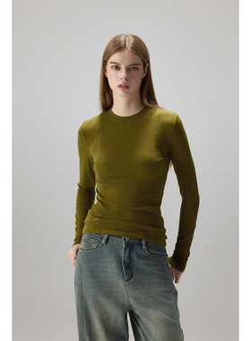 MISSCHANGE设计师品牌 醋酸圆领长袖T恤女修身显瘦打底衫上衣