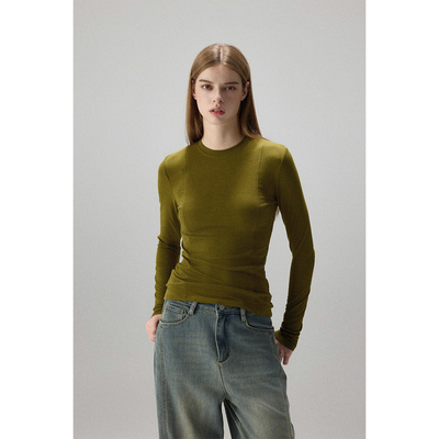 MISSCHANGE设计师品牌 醋酸圆领长袖T恤女修身显瘦打底衫上衣