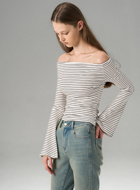 MISS CHANGE 天丝条纹一字肩长袖t恤修身露肩收腰显瘦女长袖上衣