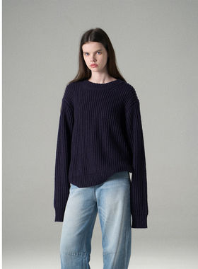 MISSCHANGE 紫色羊毛复古oversize圆领套头大毛衣女宽松慵懒风