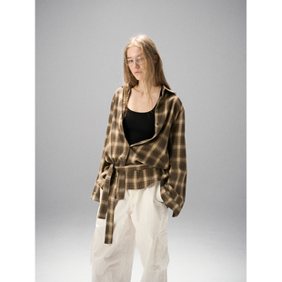 女宽松复古慵懒风长袖 MISS 绿棕渐变格纹衬衫 春夏新款 上衣 CHANGE