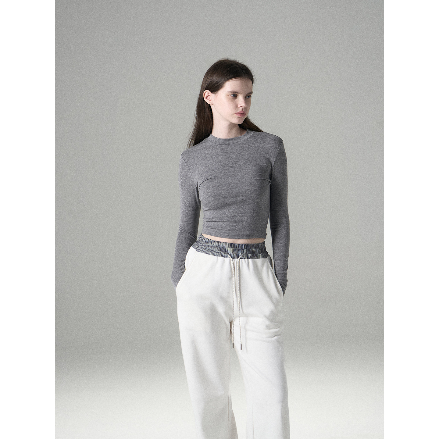 MISSCHANGE设计师品牌 天丝羊毛圆领长袖运动T恤女修身打底衫上衣