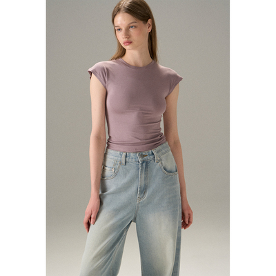 MISSCHANGE设计师品牌 2025新款醋酸圆领修身短袖T恤女正肩上衣