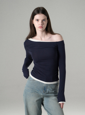 MISSCHANGE设计师品牌 天丝羊毛复古修身斜肩长袖t恤女假两件上衣