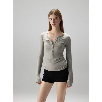 MISSCHANGE设计师品牌 美式复古亨利衫长袖T恤女修身打底衫