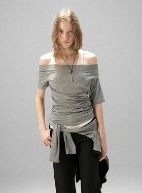 MISS CHANGE 天丝羊毛不对称一字肩短袖T恤女灰色露肩修身上衣