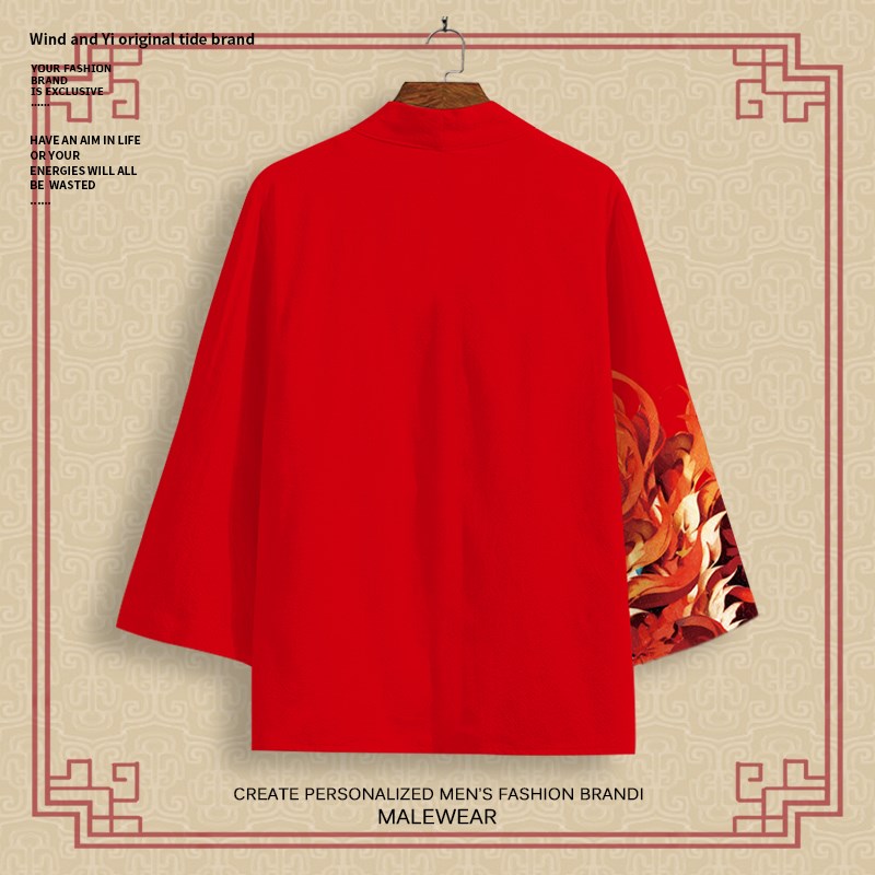 2024新款道袍外套男春秋宽松七分袖衬衫龙年本命年衣服红色厚披风