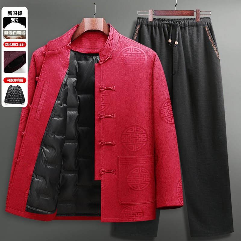 男士中国风唐装冬季中老年加厚可拆卸羽绒服爸爸生日过大寿爷爷装