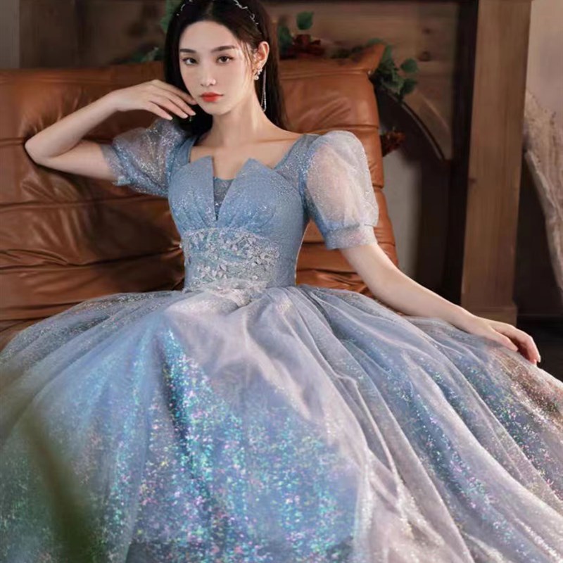 蓝色艺考聚会晚礼服2023新款高端年会主持人表演气质婚礼伴娘长款