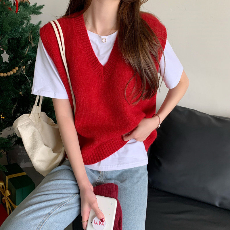 圣诞节大红色无袖毛衣背心针织马甲女秋冬2022新款V领学院风外穿