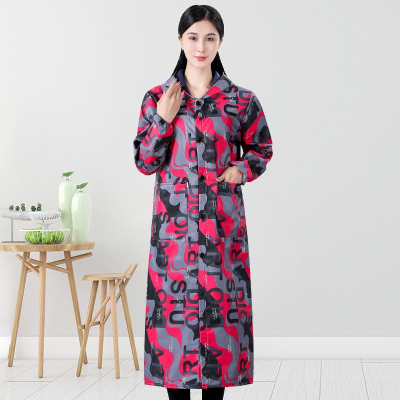 钮扣加厚女士围裙防水加长款加绒罩衣成人过膝长袖家用厨房工作服