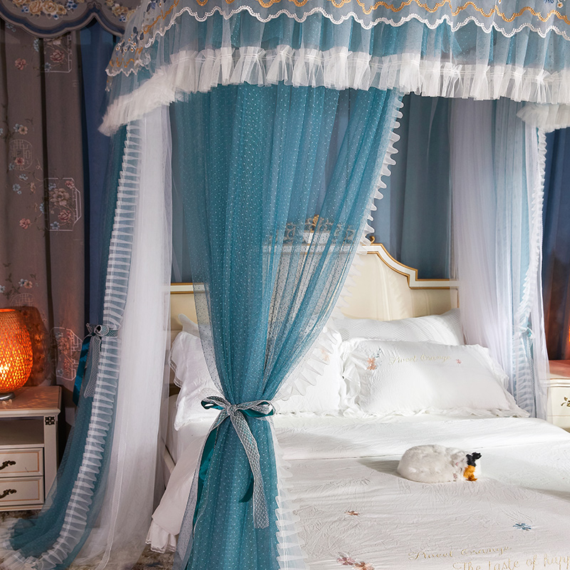 豪华双层遮光蚊帐三开门落地床幔家用U型加厚双轨道铝合金支架