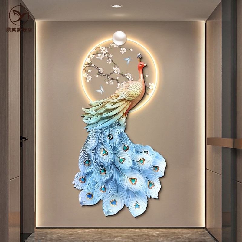 孔雀玄关装饰画新中式入户走廊过道壁画寓意好挂画大气高级感灯画图片