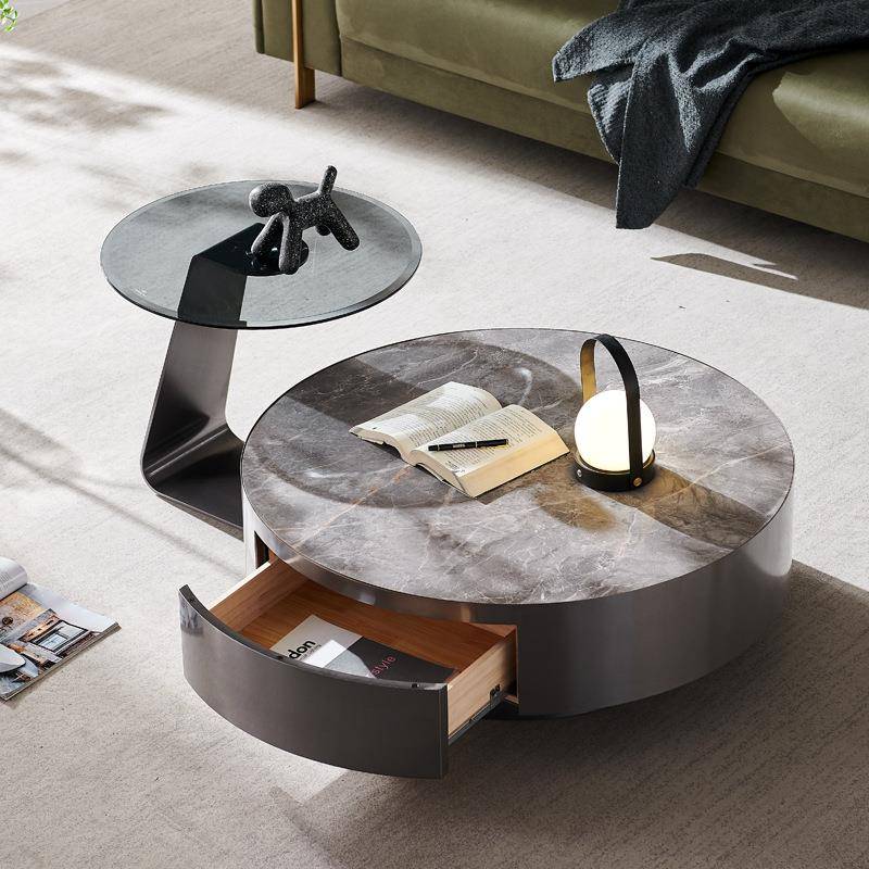 现代简约不锈茶钢岩板几客钢厅小户形型意式轻奢化咨询客服玻璃圆