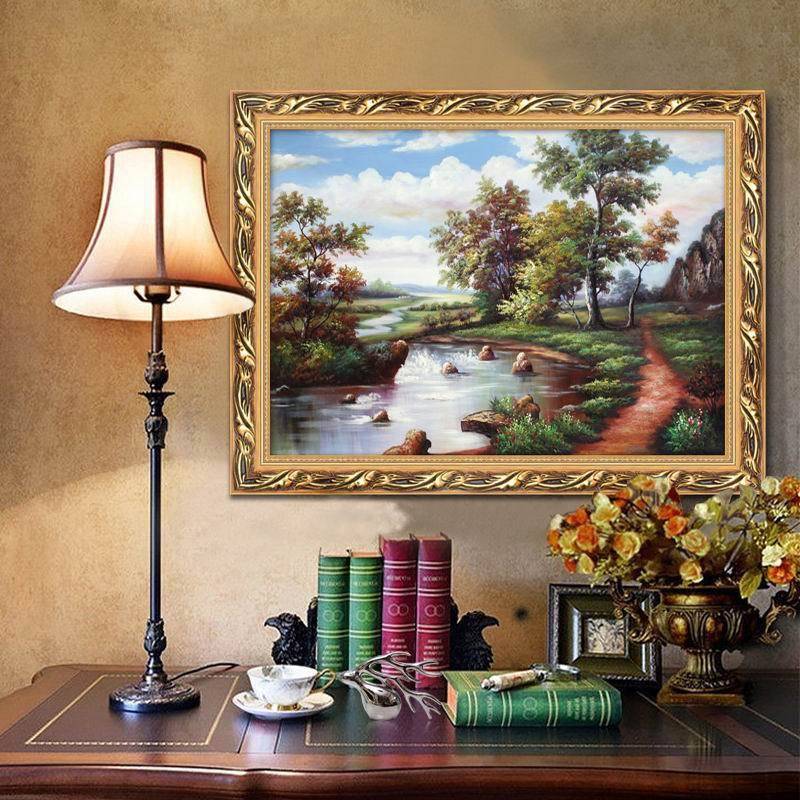 山画364水风景挂画客中厅装饰画三联有框玄关油画欧式墙壁画挂画