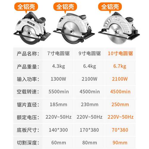 电圆锯7寸PHD大寸10寸家用多功能手提锯台锯木9工锯工具全电木工
