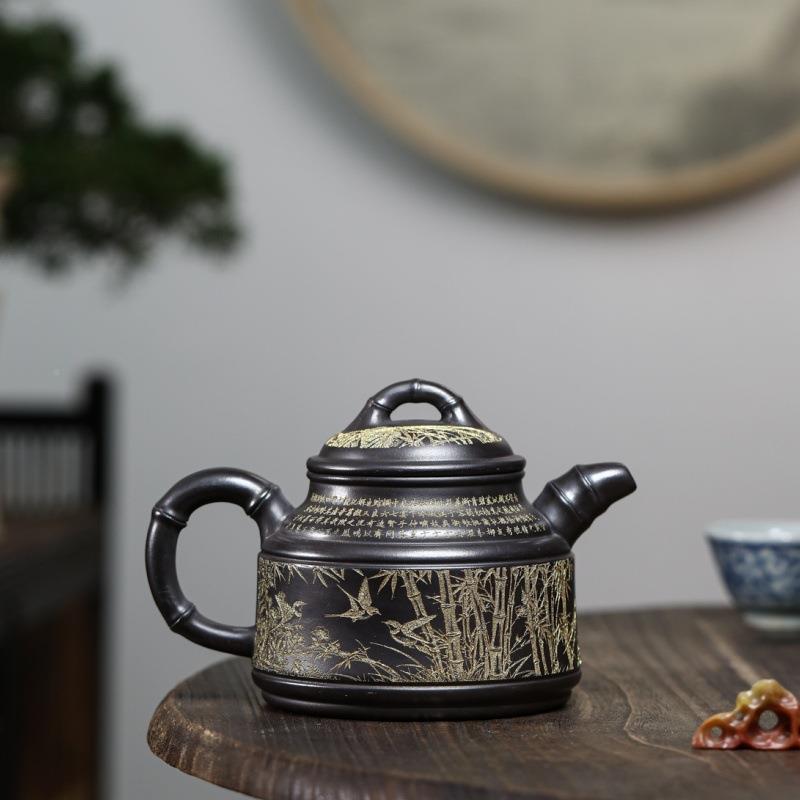 宜兴刻紫砂壶容石黄泥手工绘竹鼎大量KMD壶茶茶具