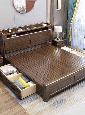 实新中式胡床桃木床主卧人1.8米简约现代1.双5m高箱储SPU物婚床木