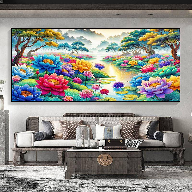 2挂02气5新27485款十字绣荷花客厅风景厂画刺绣大格画大工直销