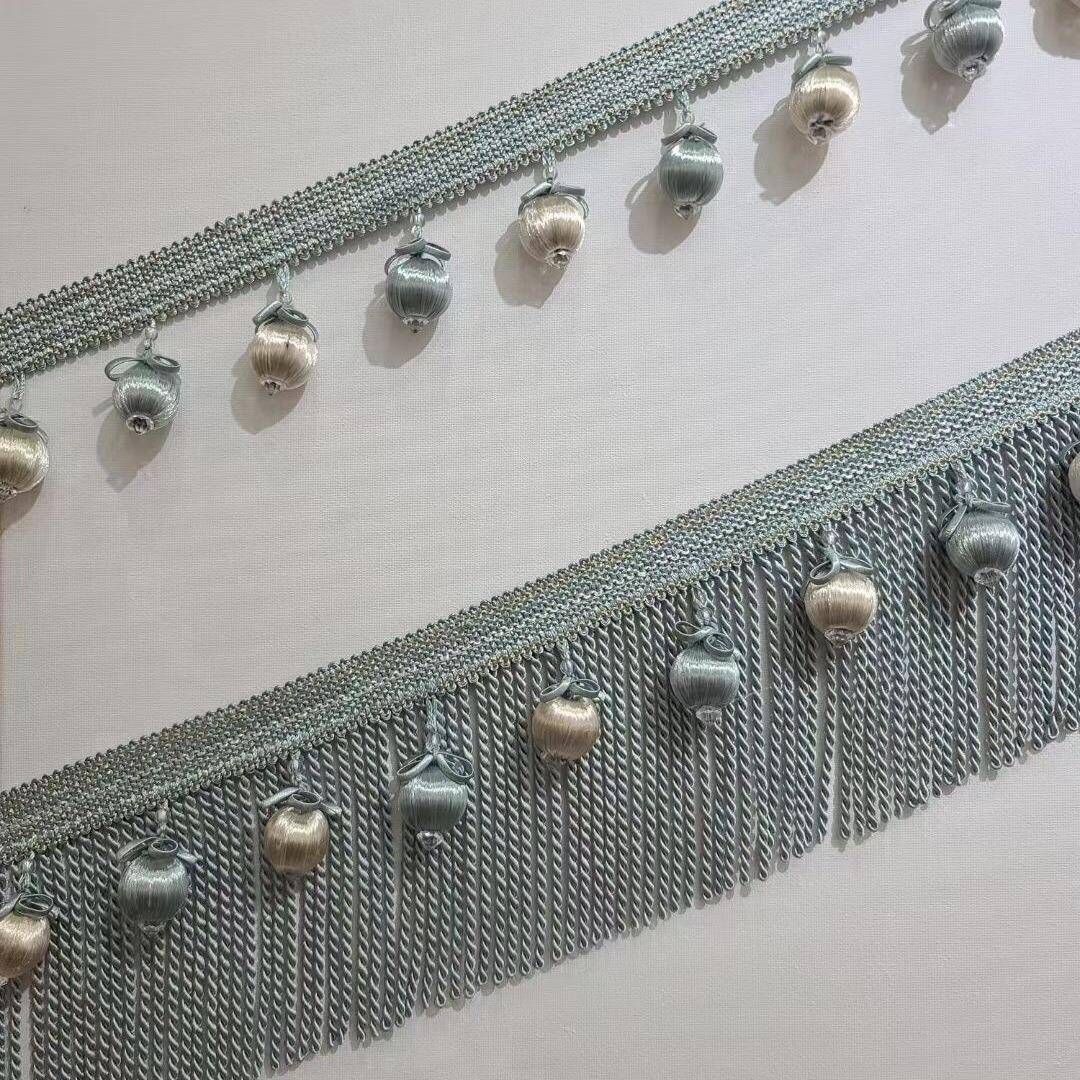 现货串窗帘抱枕发幔头流苏木珠花人造丝排边须扭排127珠吊沙穗辅