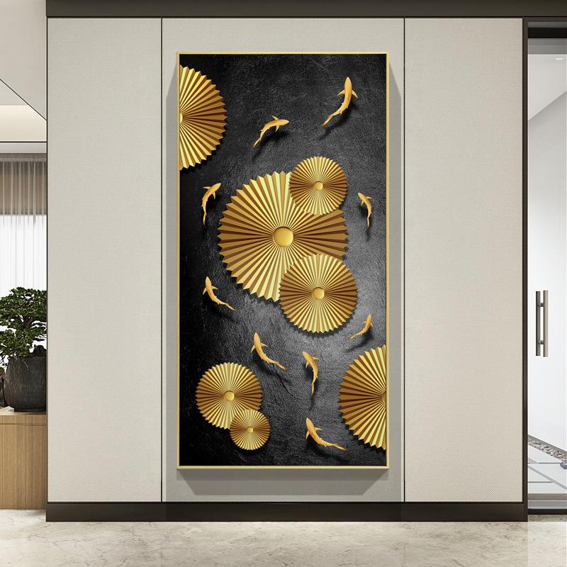新中版式玄关饰画装竖挂画九鱼风水招财蓝125色图轻奢壁画厂家