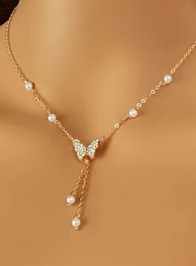 欧美ins风蝴蝶珍珠锁骨链