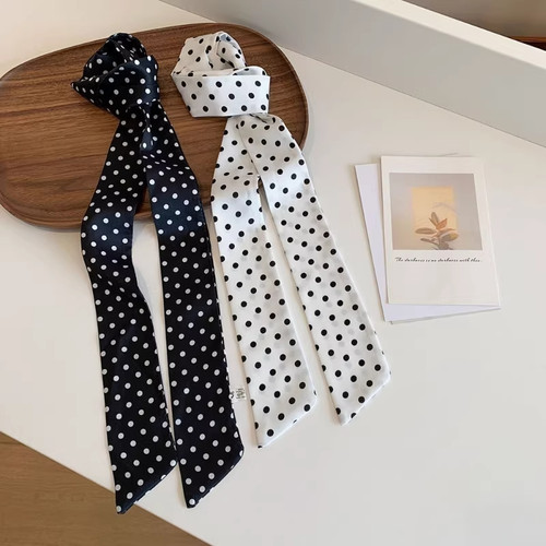 韩系黑白波点丝巾小长条发带女