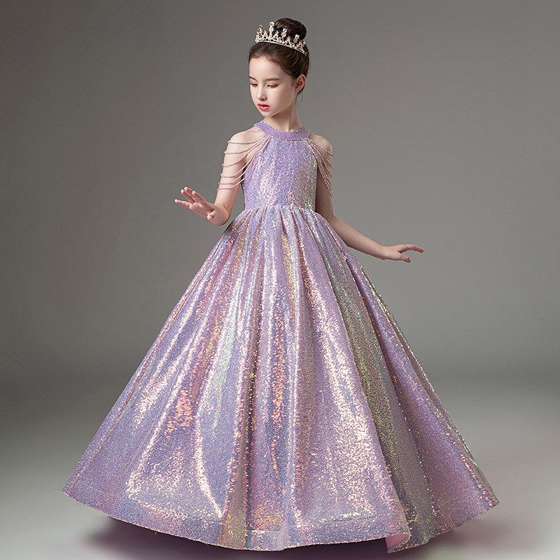 儿童礼服紫色亮片生日公主裙高端女童小主持人钢琴演出服简约大气