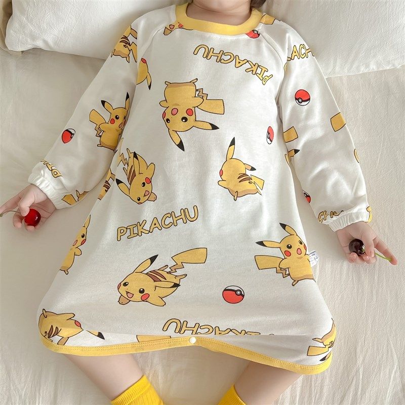 宝宝纯棉长袖睡裙儿童一粒扣家居裙男童卡通长版睡袍女童可爱睡袋