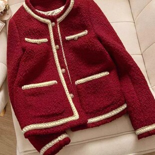 气质名媛红色外套秋冬女新款轻奢夹棉加厚夹克新年圣诞小个子上衣