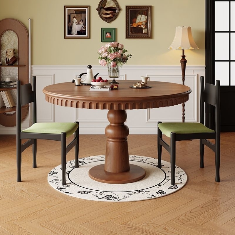 法式复古餐桌实木中古风美式新款轻奢高级感小户型阳台圆形咖啡桌