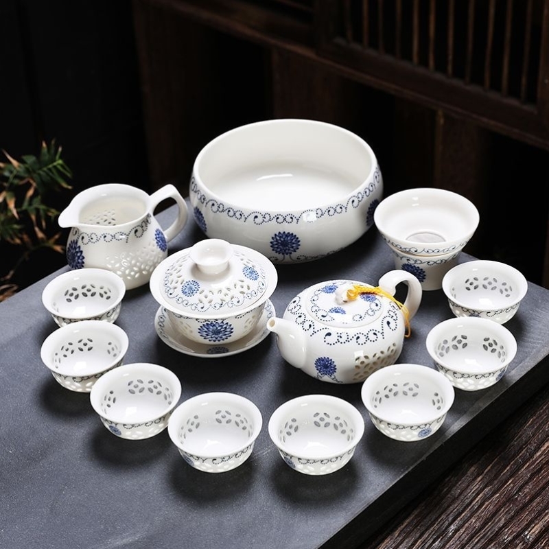 玲珑镂空茶具套装家用功夫茶杯全套高档青花瓷泡茶壶盖碗陶瓷简约