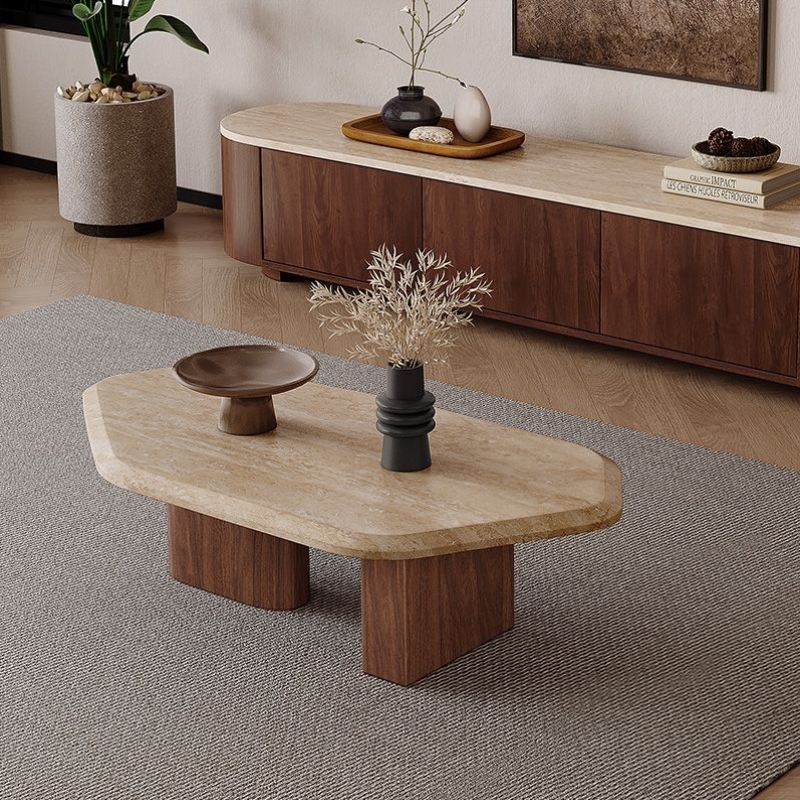 侘寂风异形复古洞石茶几小户型客厅家用矮桌设计师民宿大理石桌子