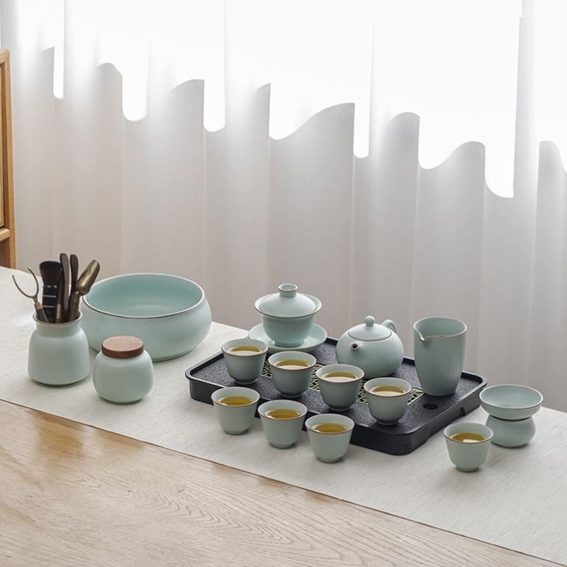 汝窑青瓷整套茶具家用陶瓷功夫茶具盖碗西施壶茶杯简约办公泡茶