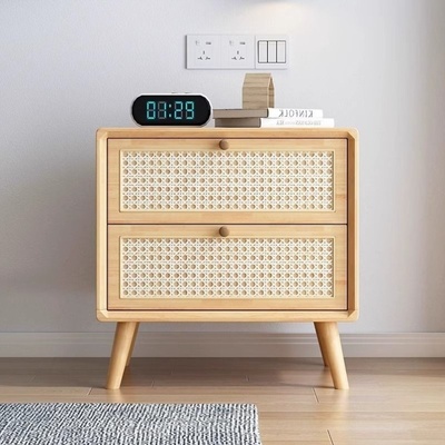 藤编床头柜实木樱桃色胡桃色原木色北欧简约诧寂风迷你木制储物柜