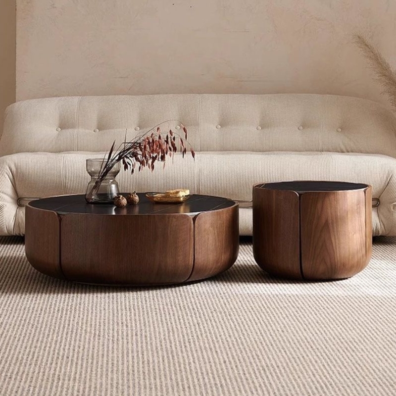 茶几现代极简家居欧式客厅家用高级深色系胡桃木现代简约边几圆形