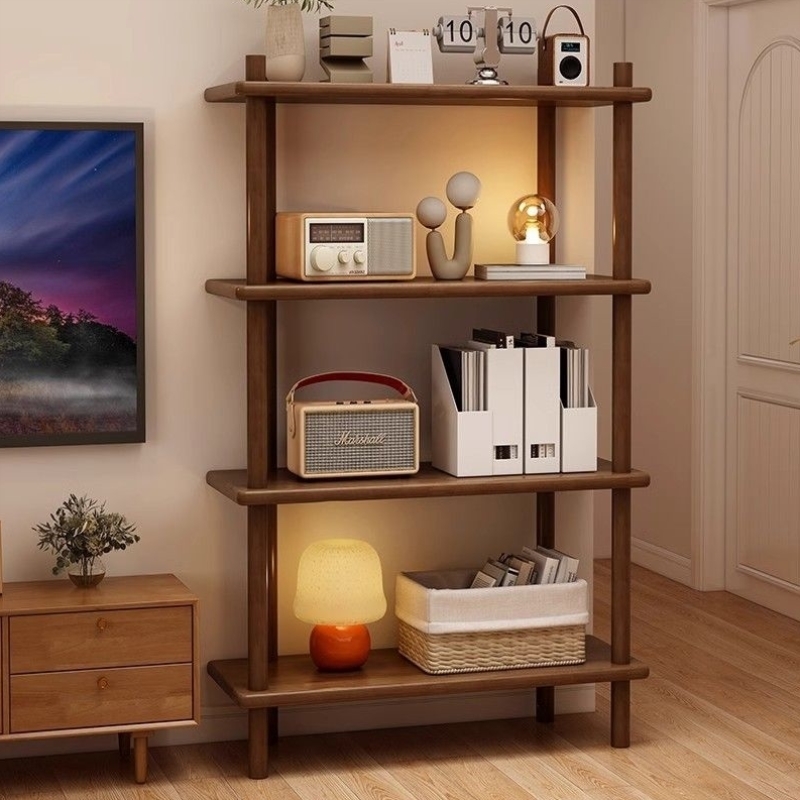 多功能木制书架置物架四层收纳实木橡胶木小夜灯书房落地实木书架