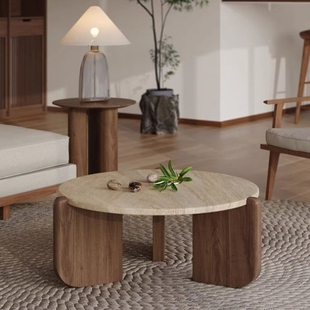 侘寂风实木洞石茶几极简小茶台小户型客厅家用圆形阳台大理石矮桌