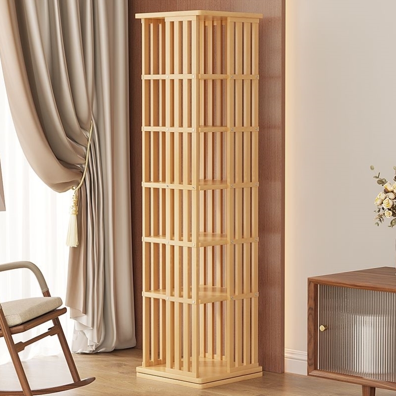 书架客厅儿童家用置物架落地书桌收纳书柜简易360度旋转实木靠墙