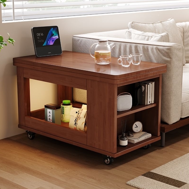 实木可折叠茶桌移动式茶几小户型客厅家用沙发边柜小推车巴士边几