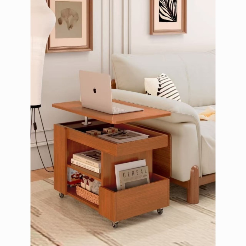 实木升降茶几移动带轮小户型简约小推车巴士家用旋转客厅沙发边柜