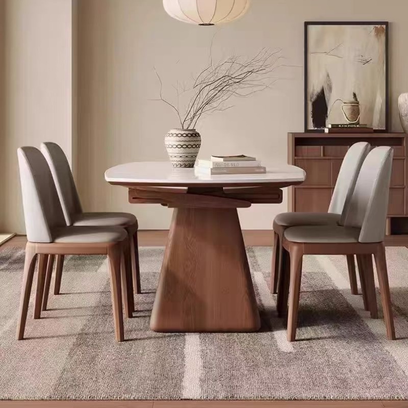 北欧岩板伸缩餐桌内嵌电动旋转暖菜一体转盘多功能折叠餐桌椅组合