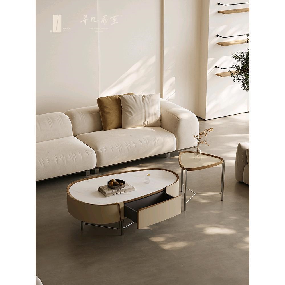 轻奢极简高级感马鞍皮茶几创意客厅家用高低组合桌简约现代不锈钢