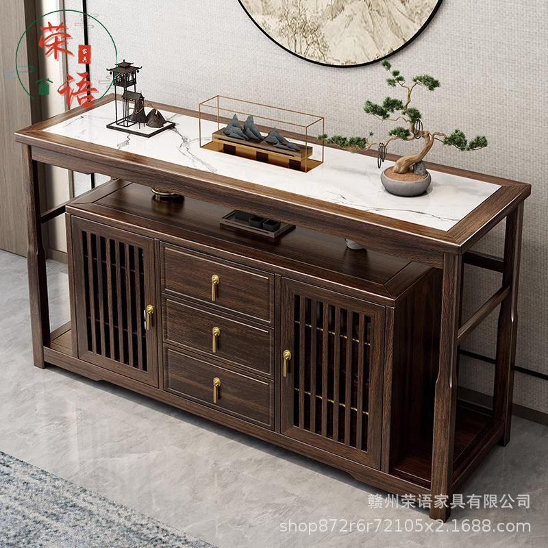 乌金木实木餐边柜新中式轻奢两门储物柜家用靠墙餐厅柜岩板茶水柜