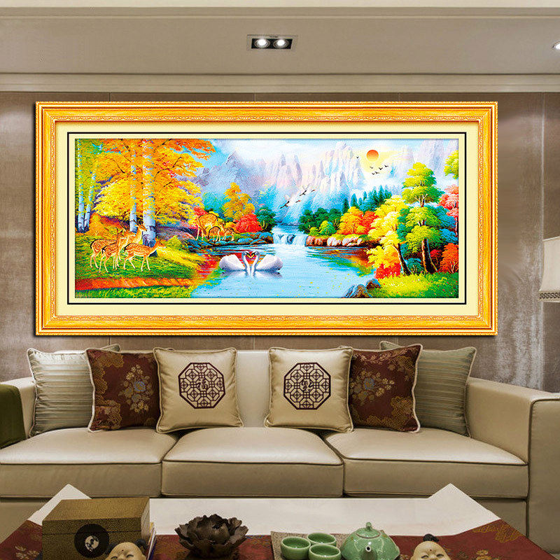 十字绣满钻白桦林流水聚财客厅卧室大幅贴钻钻石绣欧式油画5D砖石