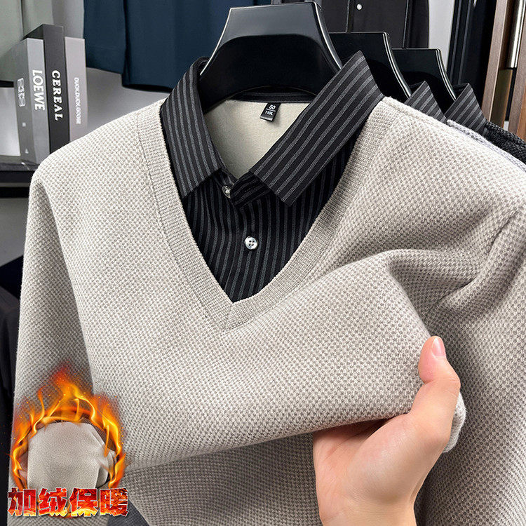 25新款冬季加绒加厚毛衣男士假两件翻领保暖中年针织衫打底polo衫