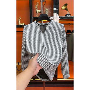 小香风条纹v领正肩t恤男生早秋穿搭上衣重磅美式长袖卫衣无帽外套