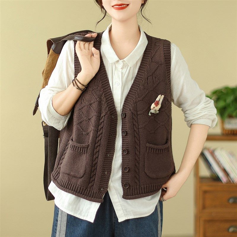 春季新款文艺V领棉线马甲背心女短款针织衫上衣休闲无袖毛衣开衫
