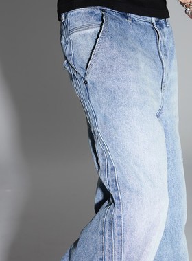 【PacShop】.pac 冰蓝宽松直筒拼条小破坏做旧牛仔裤