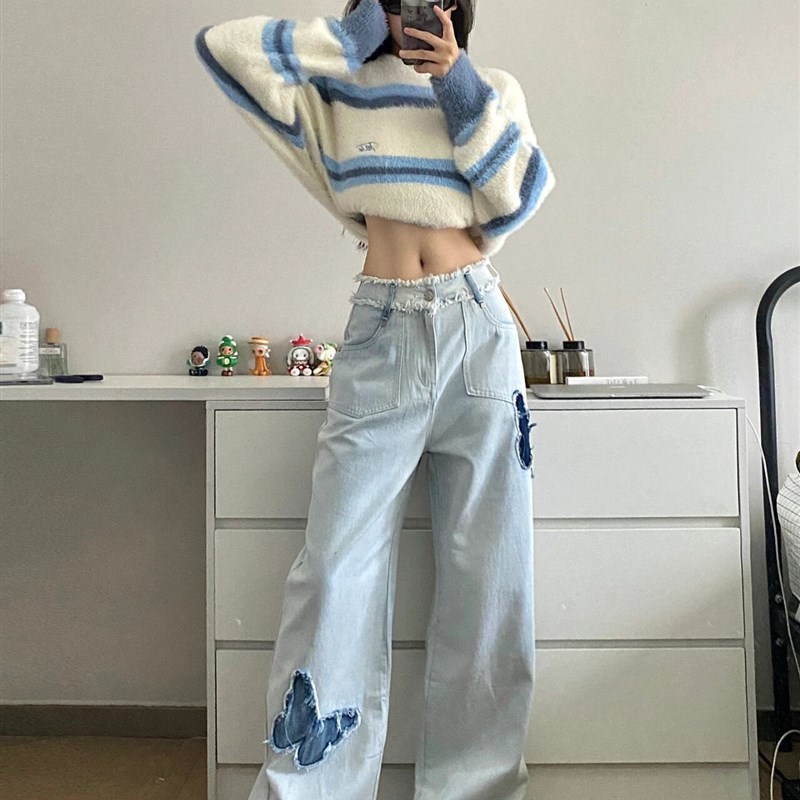 300斤加肥加大胖mm大码梨形身材直筒牛仔裤女高腰显瘦宽松阔腿裤